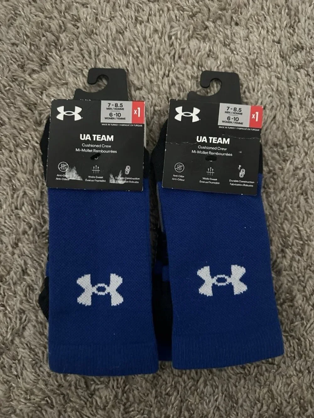 2 Pack Under Armour UA Team Cushioned Crew Socks Mens 7-8.5 Unisex Blue
